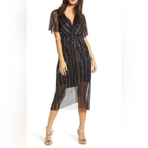 ALL IN FAVOR Black Metallic Shimmer Stripe Twist Front Midi Party Dress Small